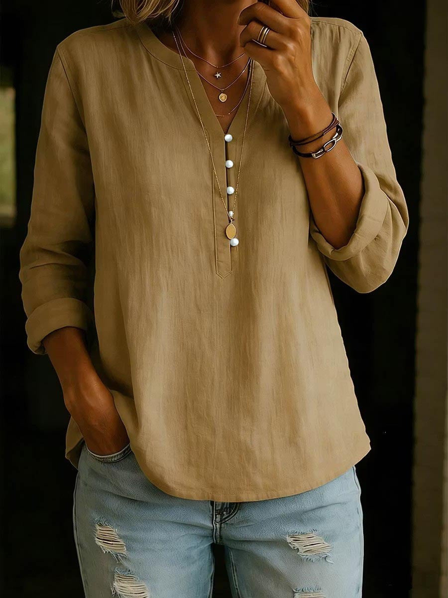 Women's V Neck Long Sleeve Button Cotton Linen Blouse