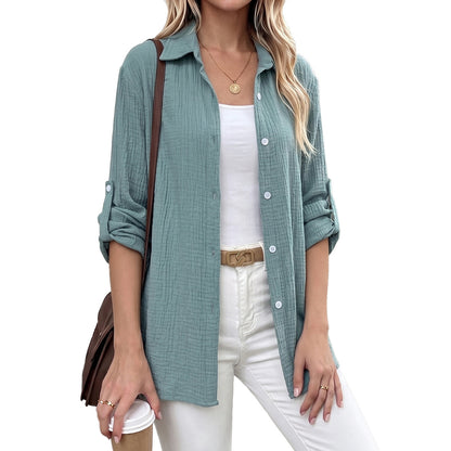 Textured Gauze Button Shirt Roll Tab Sleeve Top