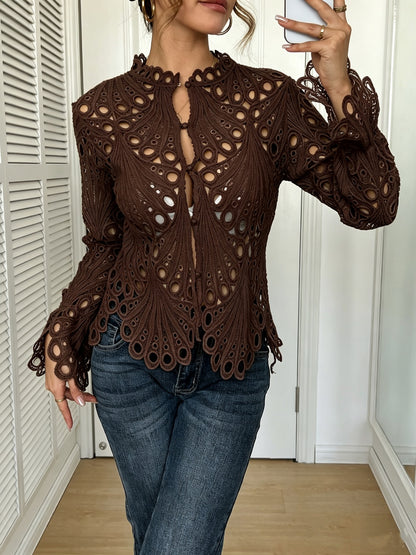 Women's Crochet Lace Button Front Blouse with Bell Sleeves