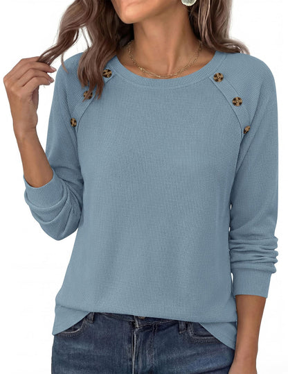 Waffle Knit Button Henley Top Crew Neck Long Sleeve Tee
