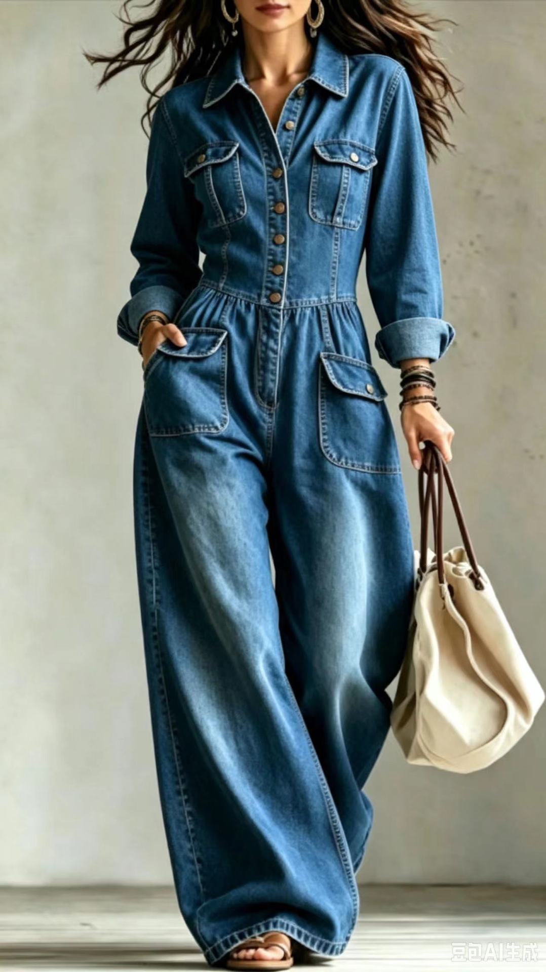 Denim Cargo Jumpsuit Women Long Sleeve Wide Leg Washed