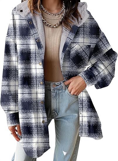 Women's Plaid Flannel Hooded Shacket Jacket