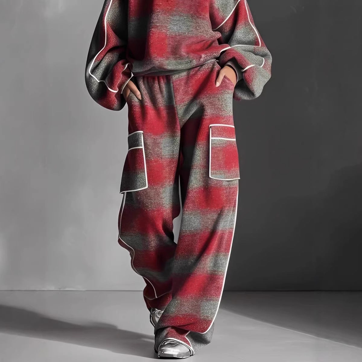 Women's Plaid Piping Oversized Sweatshirt & Pants Set