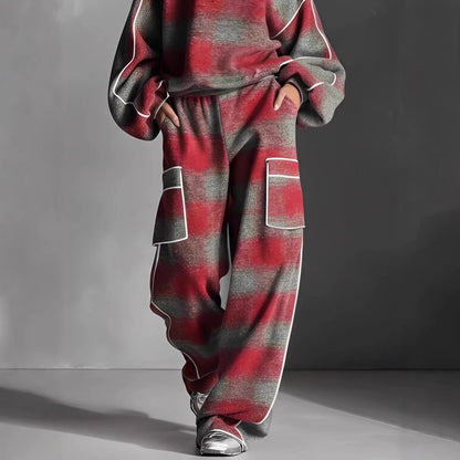 Women's Plaid Piping Oversized Sweatshirt & Pants Set