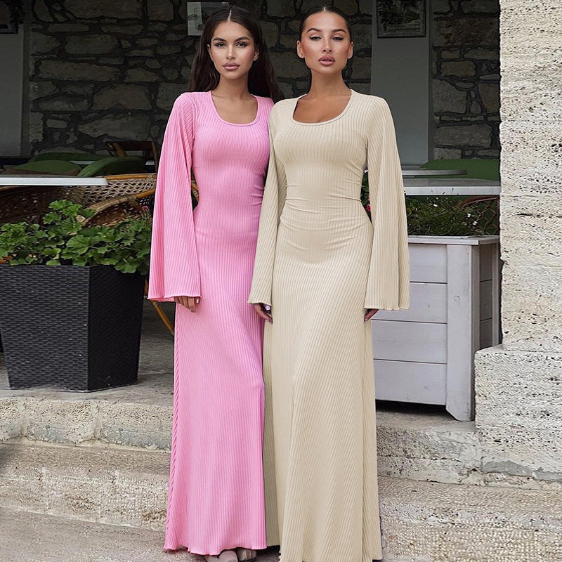 Square Neck Tie Back Long Sleeve Ribbed Maxi Dress
