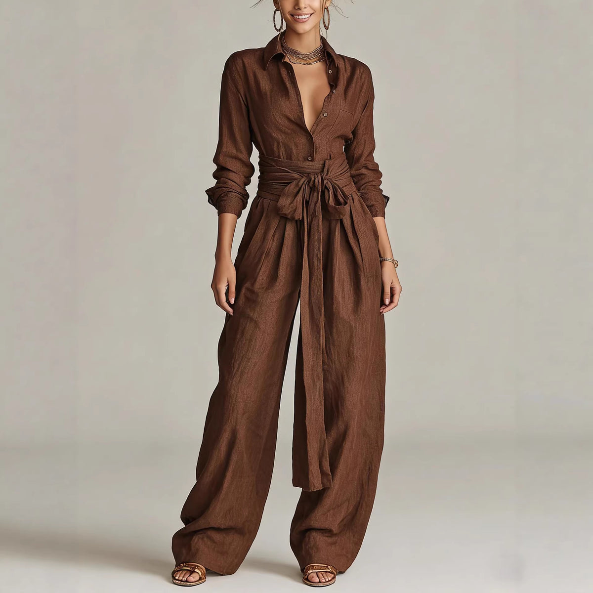 Women's Linen Blend Shirt High Waist Wide Leg Pants Set