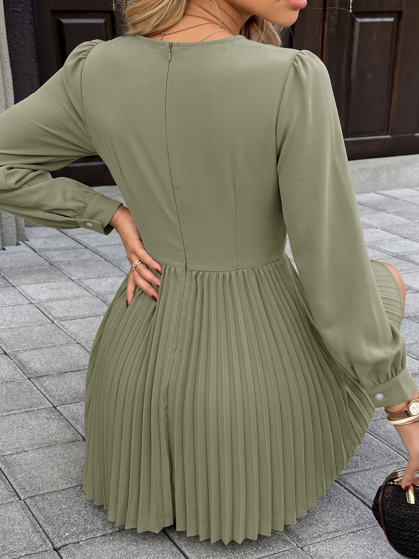 Solid Pleated V-Neck Dress Lantern Sleeve Elegant