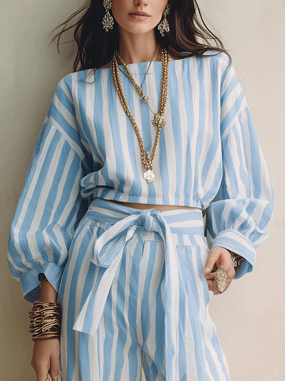 Striped Two Piece Crop Top Wide Leg Pants Set