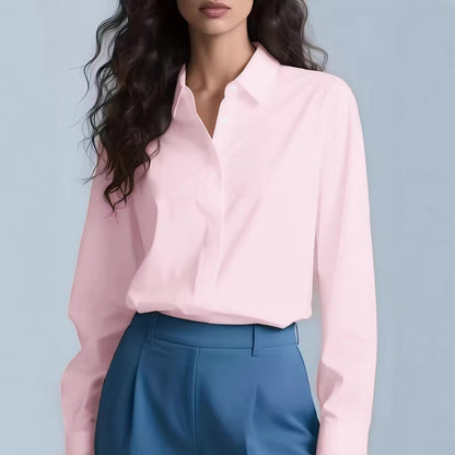 Women's Collared Work Blouse Long Sleeve Hidden Button