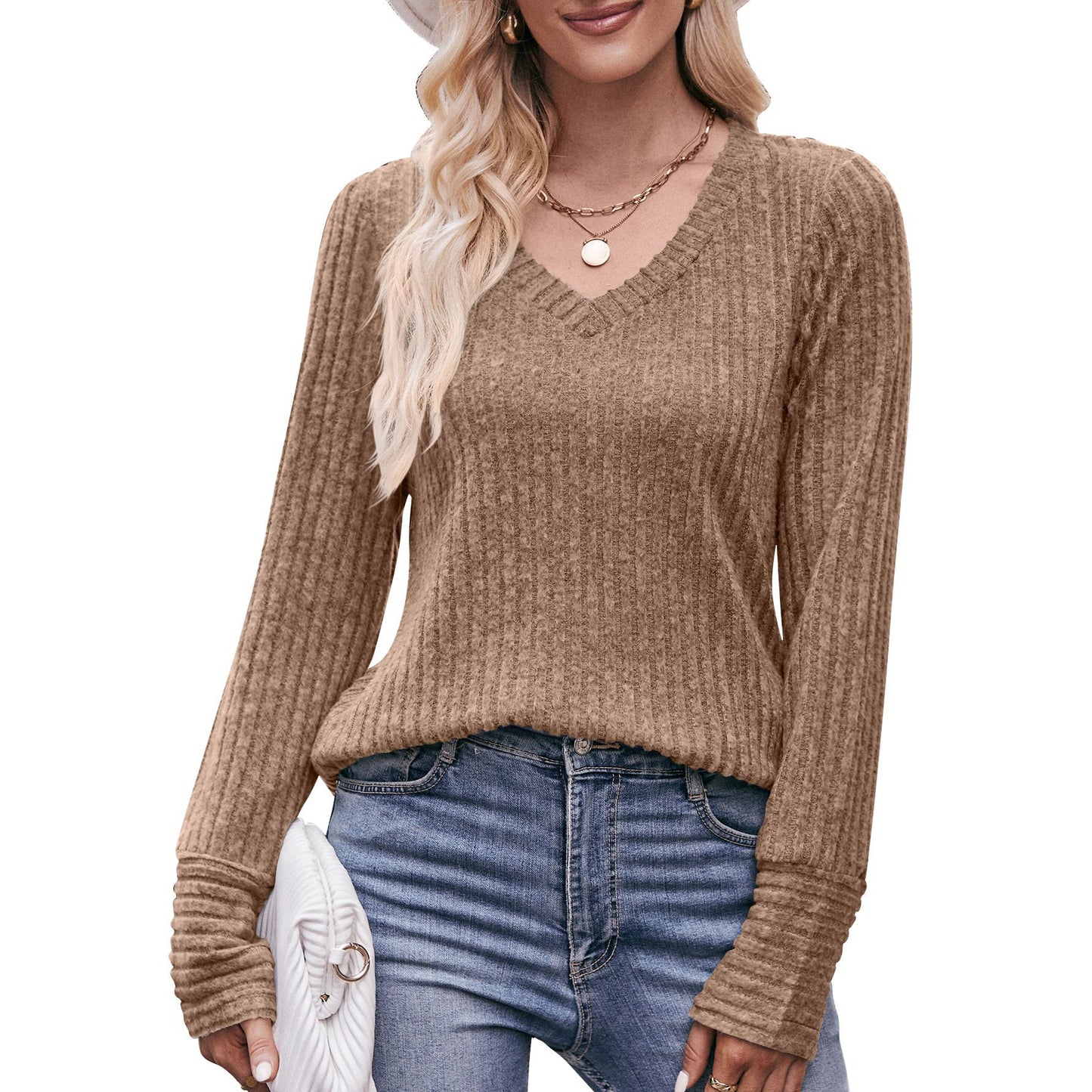 Solid Ribbed V-Neck Long Sleeve Knit Top for Women