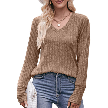 Solid Ribbed V-Neck Long Sleeve Knit Top for Women