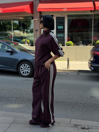 Women Side Stripe Zip Jacket Wide Leg Pants Two Piece Set