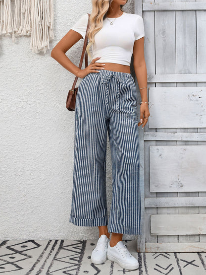 Striped High Waist Drawstring Wide Leg Summer Pants