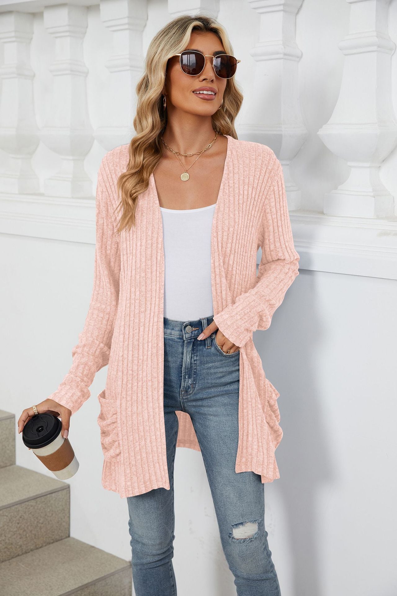 Simple Pocketed Long Sleeve Cardigan Knit Top
