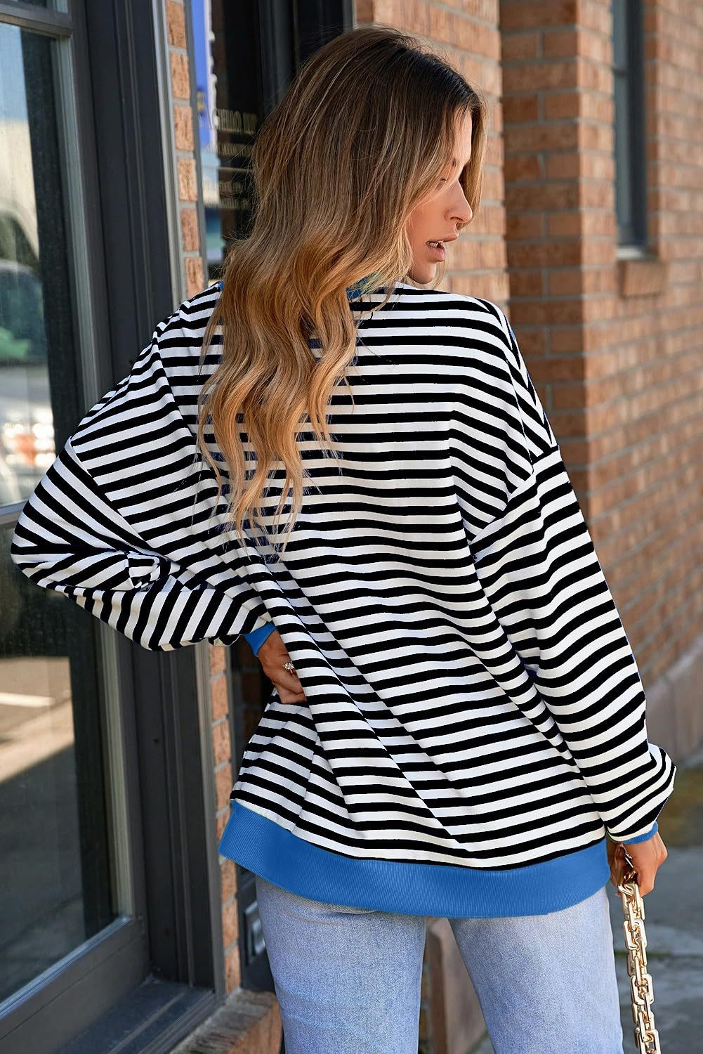 Striped Crew Neck Sweatshirt Loose Fit Casual Sweater for Woman