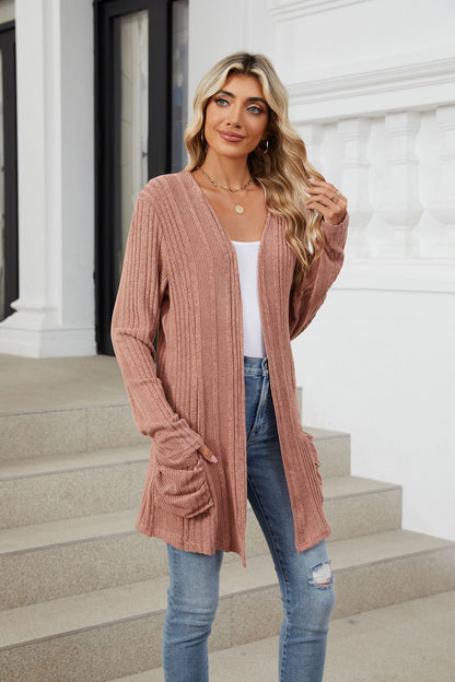 Women's Long Sleeve Ribbed Open Front Cardigan Pockets