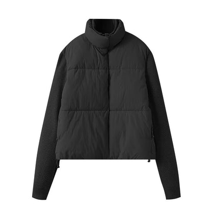Women's Puffer Jacket Knit Sleeves Stand Collar Zip