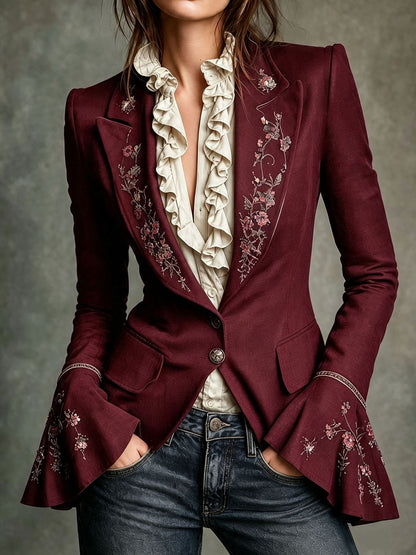 Women's Vintage Floral Embroidered Fitted Blazer