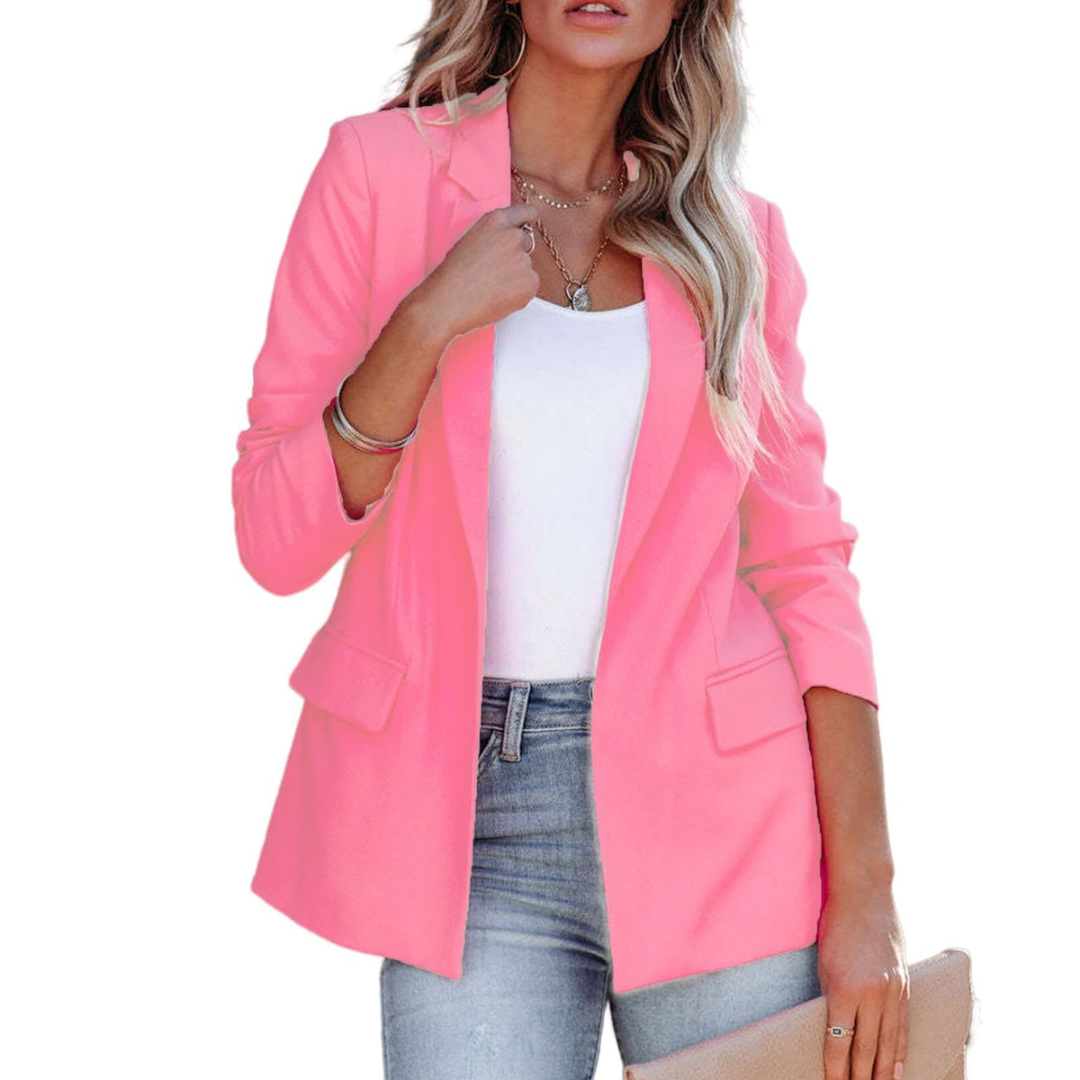 Women's Open Front Blazer Long Sleeve Office Casual Jacket