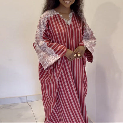 Striped Lace V-Neck Long Sleeve Maxi Dress