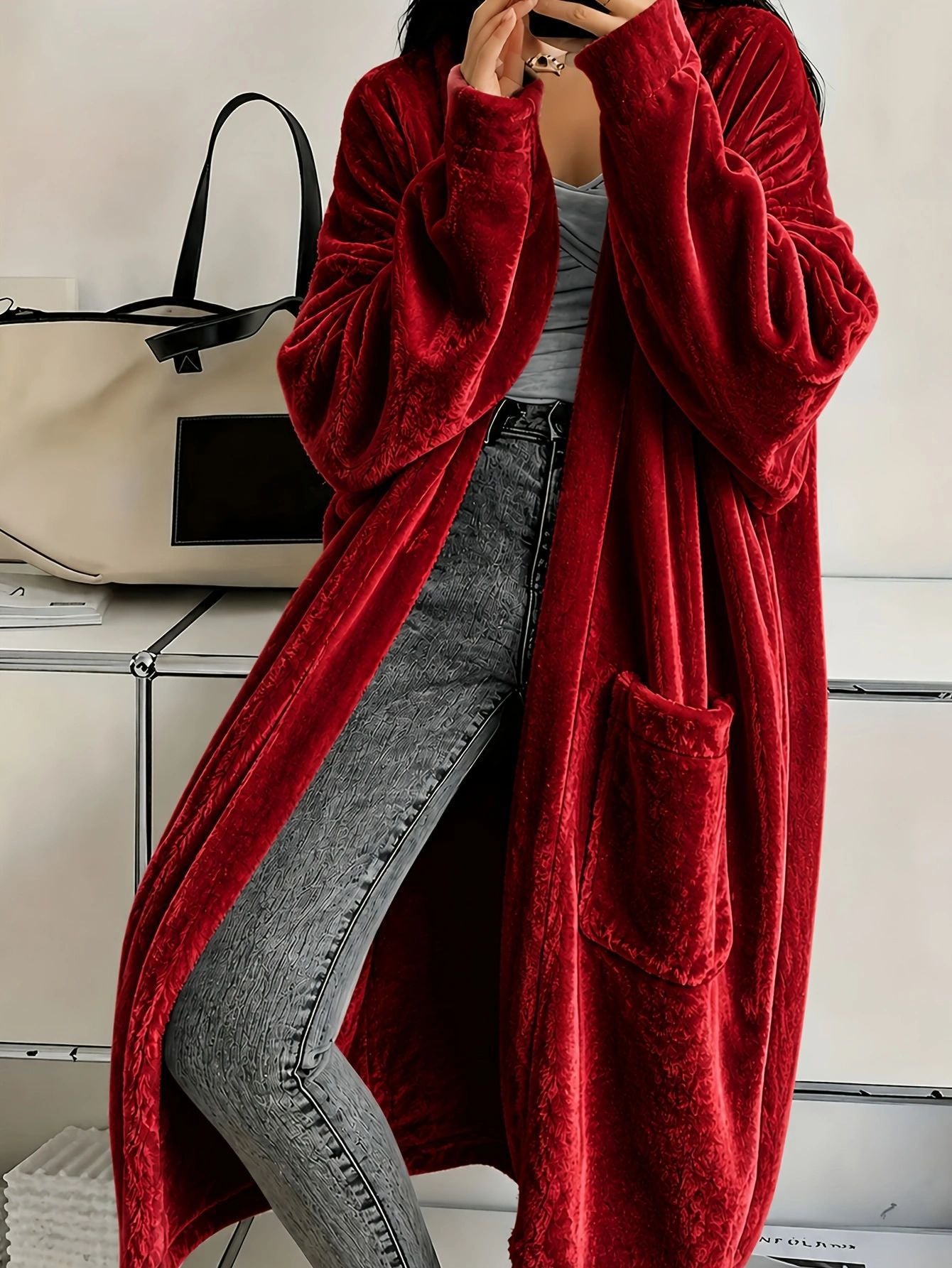 Women's Velvet Duster Coat Long Sleeve with Pockets
