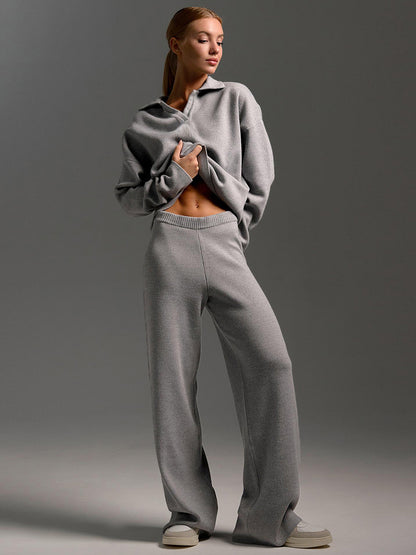 Women's Polo Knit Sweater Set with Wide Leg Pants