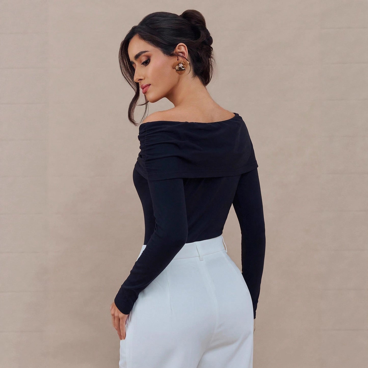 Off Shoulder Ruched Long Sleeve Top with Butterfly Brooch