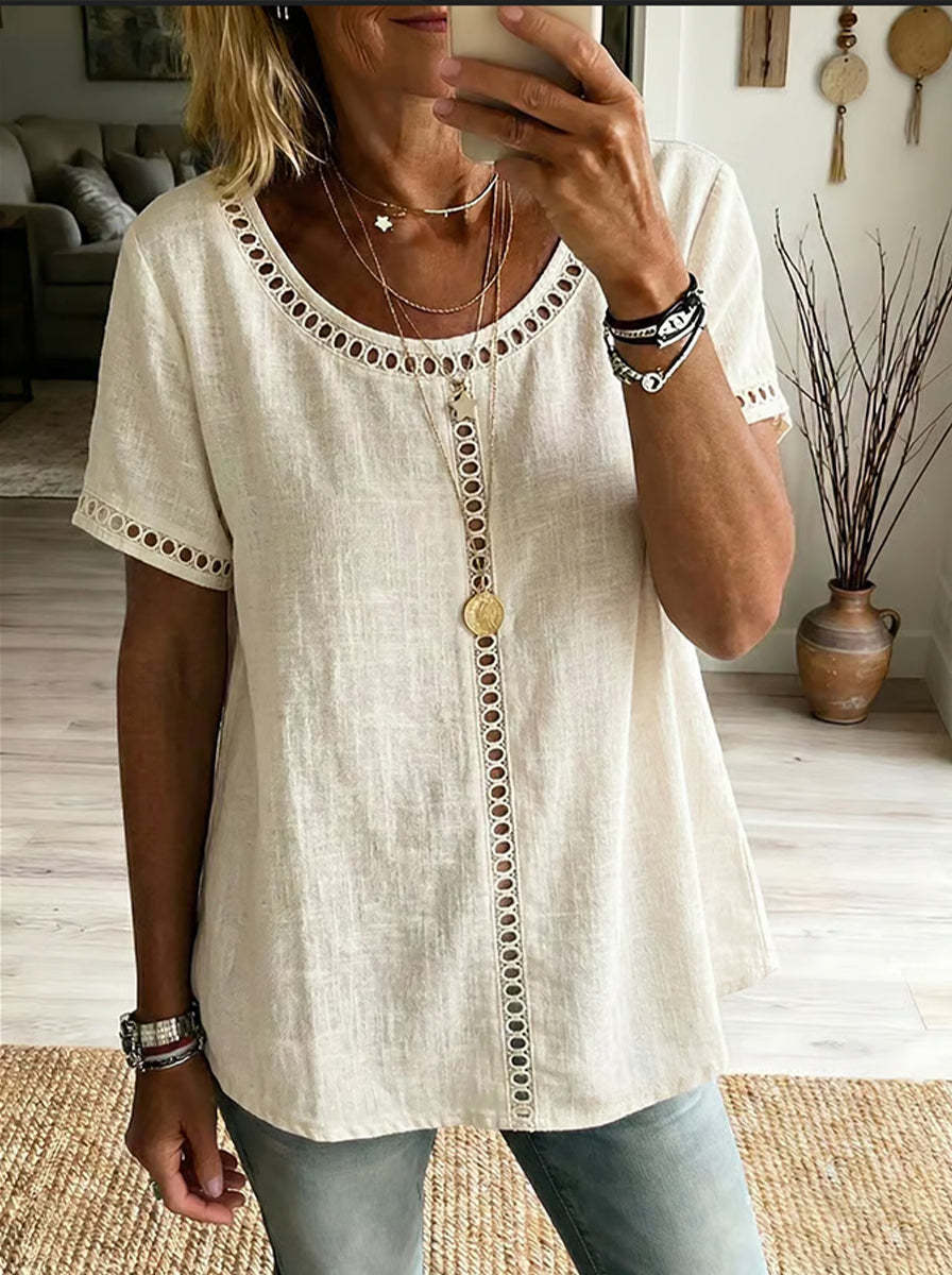 Cotton Blend Top Lace Trim Cutout Short Sleeve Shirt