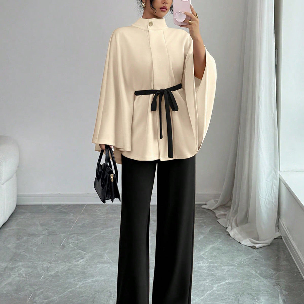 Elegant Belted Cape Top Wide Leg Pants Two Piece Set