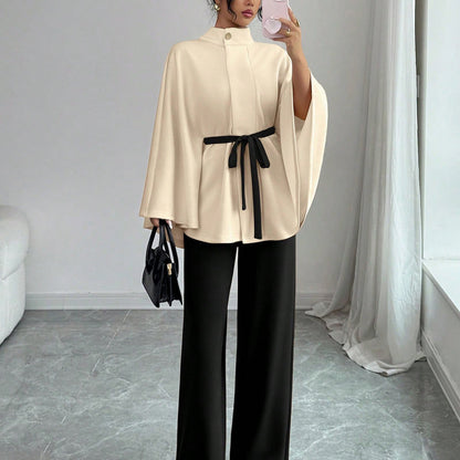 Elegant Belted Cape Top Wide Leg Pants Two Piece Set