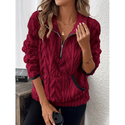 Jacquard Half Zip Plush Pullover Collared Sweatshirt