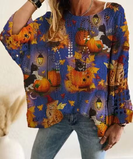 Off Shoulder Crochet Halloween Pumpkin Bat Sweater