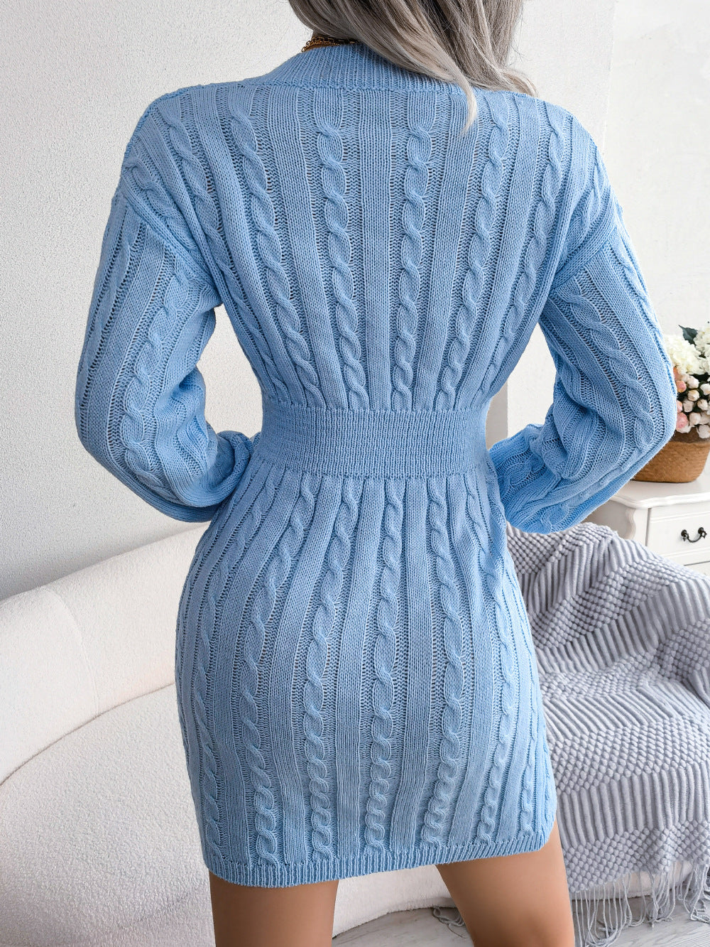 Trendy V-Neck Cable Knit Waist-Cinching Sweater Dress