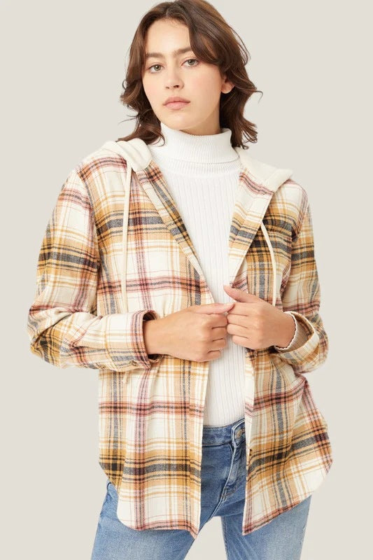 Hooded Plaid Button-Up Jacket - Casual Oversized Shacket