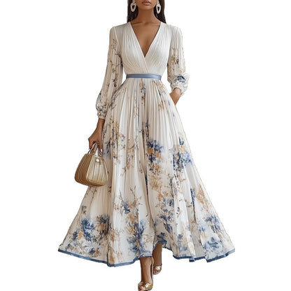 Floral Pleated V-Neck Long Sleeve Maxi Dress