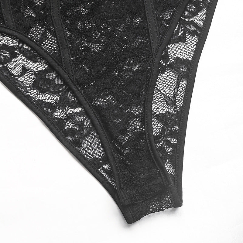 Lace Corset Bodysuit Sheer Long Sleeve Teddy