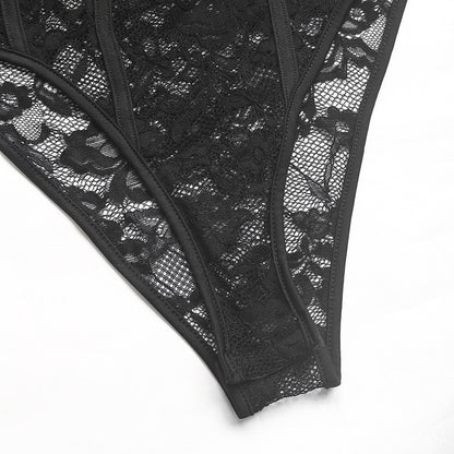Lace Corset Bodysuit Sheer Long Sleeve Teddy