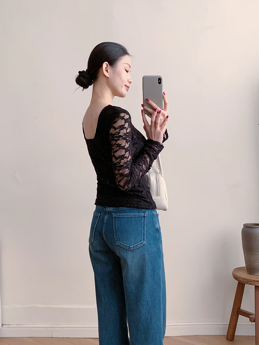 Sheer Lace Long Sleeve Top Fitted U Neck Blouse