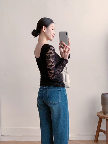Sheer Lace Long Sleeve Top Fitted U Neck Blouse