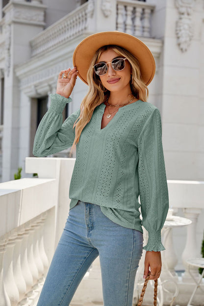 Women's Eyelet V-Neck Long Sleeve Ruffle Cuff Loose Blouse