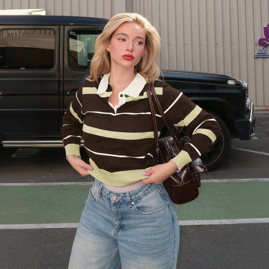 Women's Striped Collared Cropped Sweater Top