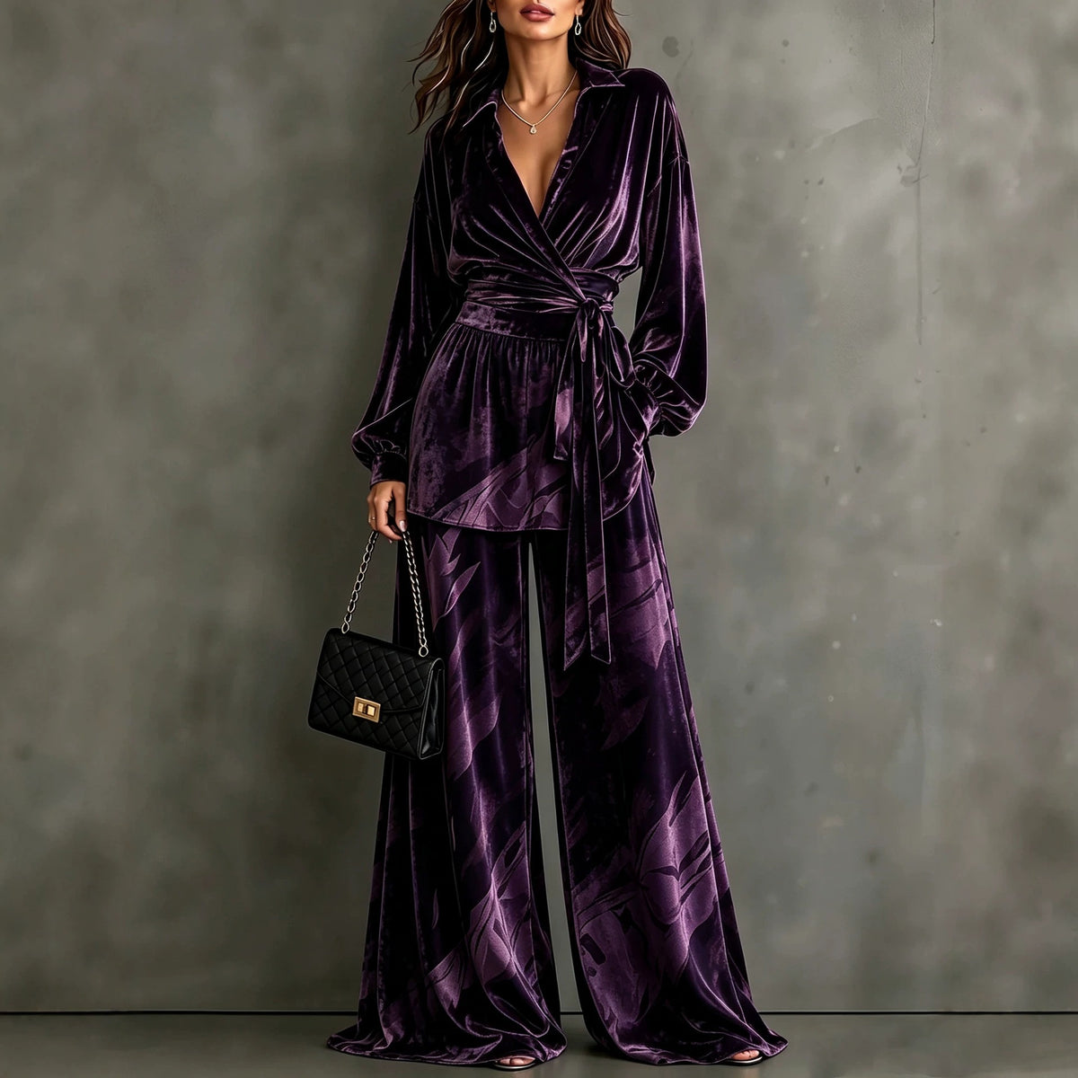 Women's Velvet Wrap Top Wide Leg Pants Two Piece Set