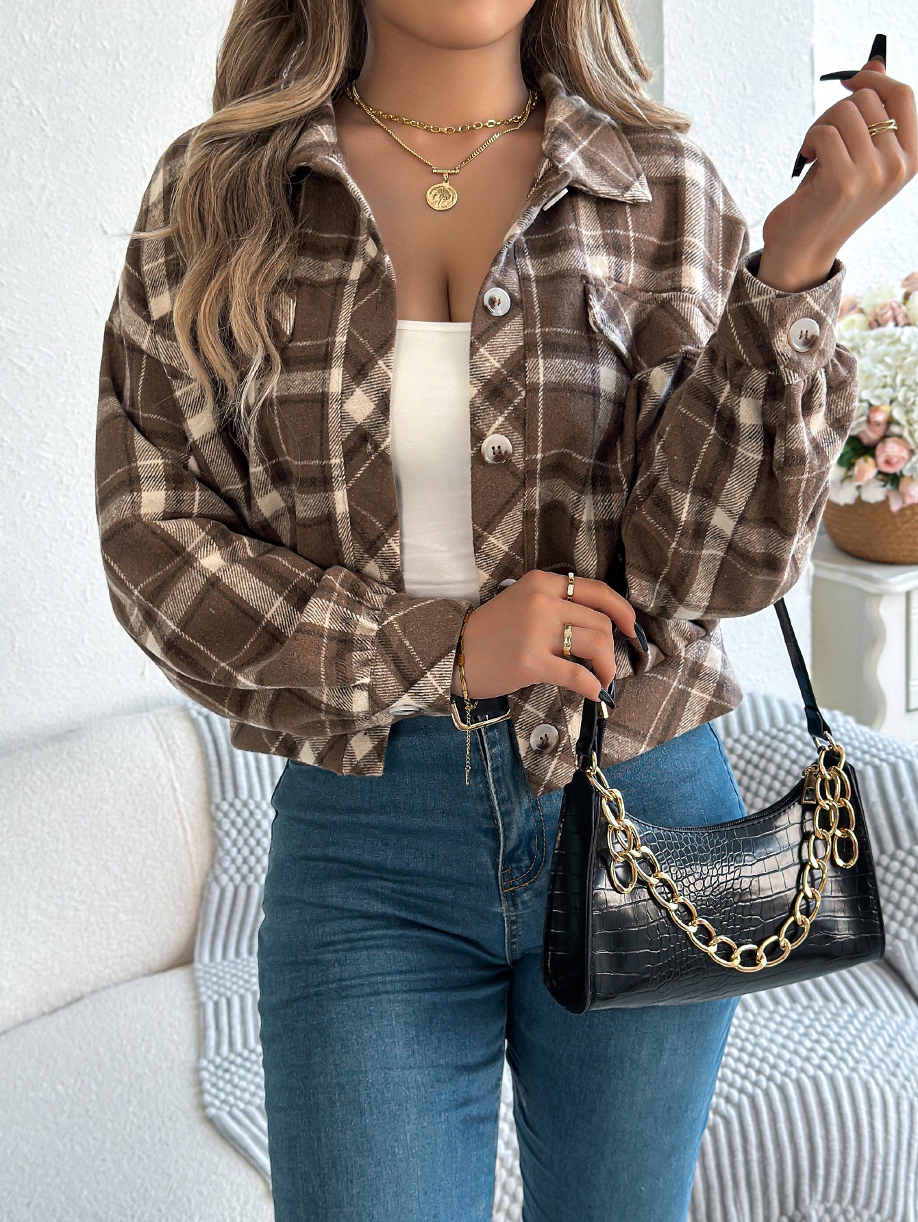 Plaid Button Front Long Sleeve Casual Jacket Coat