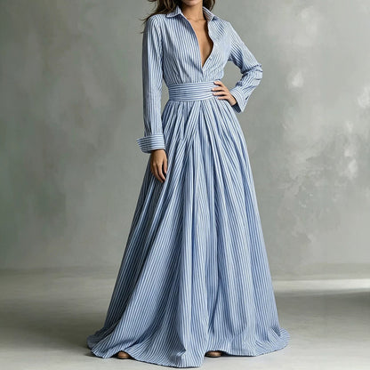 Striped Maxi Shirt Dress Long Sleeve Button Down High Waist