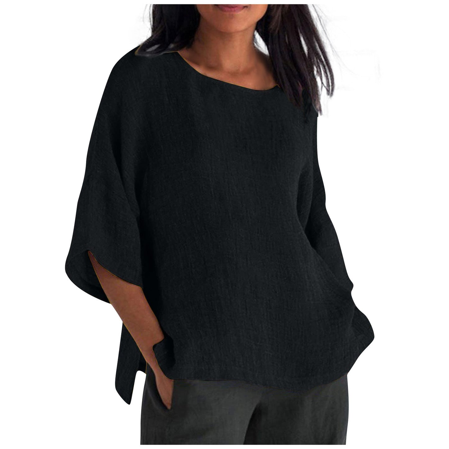 Women's Linen Top Oversized 3/4 Sleeve Round Neck 25 Colors