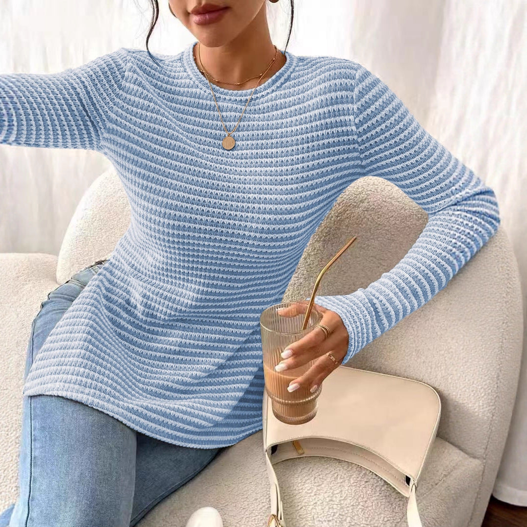 Striped Ribbed Knit Long Sleeve Side Slit Casual Top