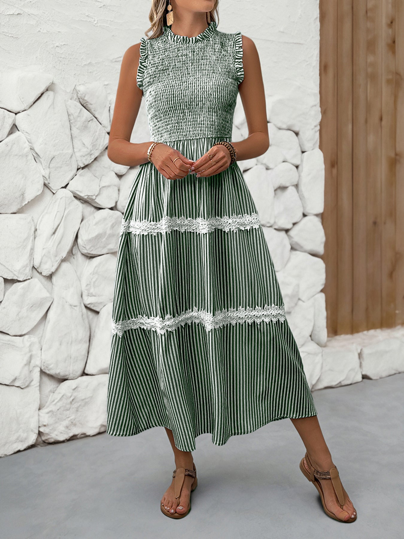 Sleeveless Striped Lace Midi Dress Ruffled A-Line Summer
