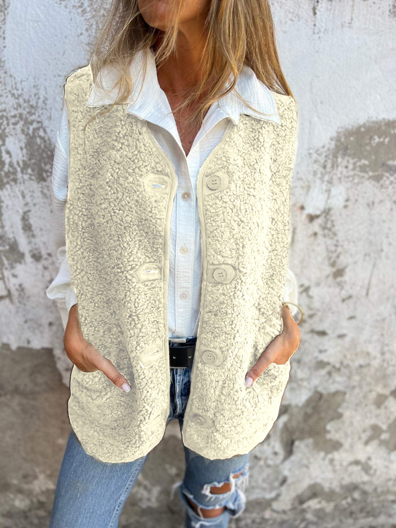 Women's Sherpa Fleece V-Neck Button Front Vest