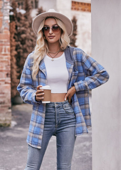 Plaid Hooded Shacket Jacket Oversized Fall Flannel Coat