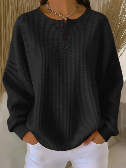 Women's Oversized Waffle Knit Henley Long Sleeve Top